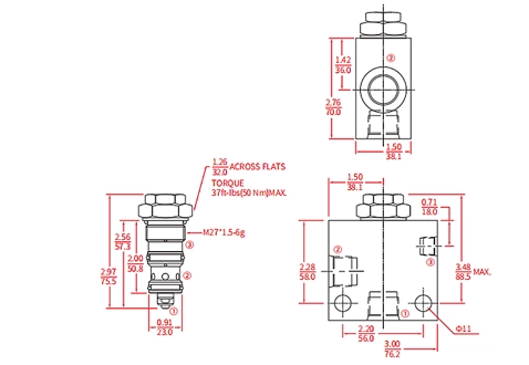 IPC12-30チェックバルブ、パイロットツーオープンの性能/寸法/断面図 (デュアルパイロット操作)